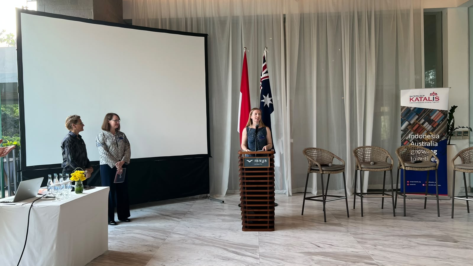 Australian Consul-General in Bali Ms Jo Stevens addressing business representatives at Maya Sanur Resort & Spa
